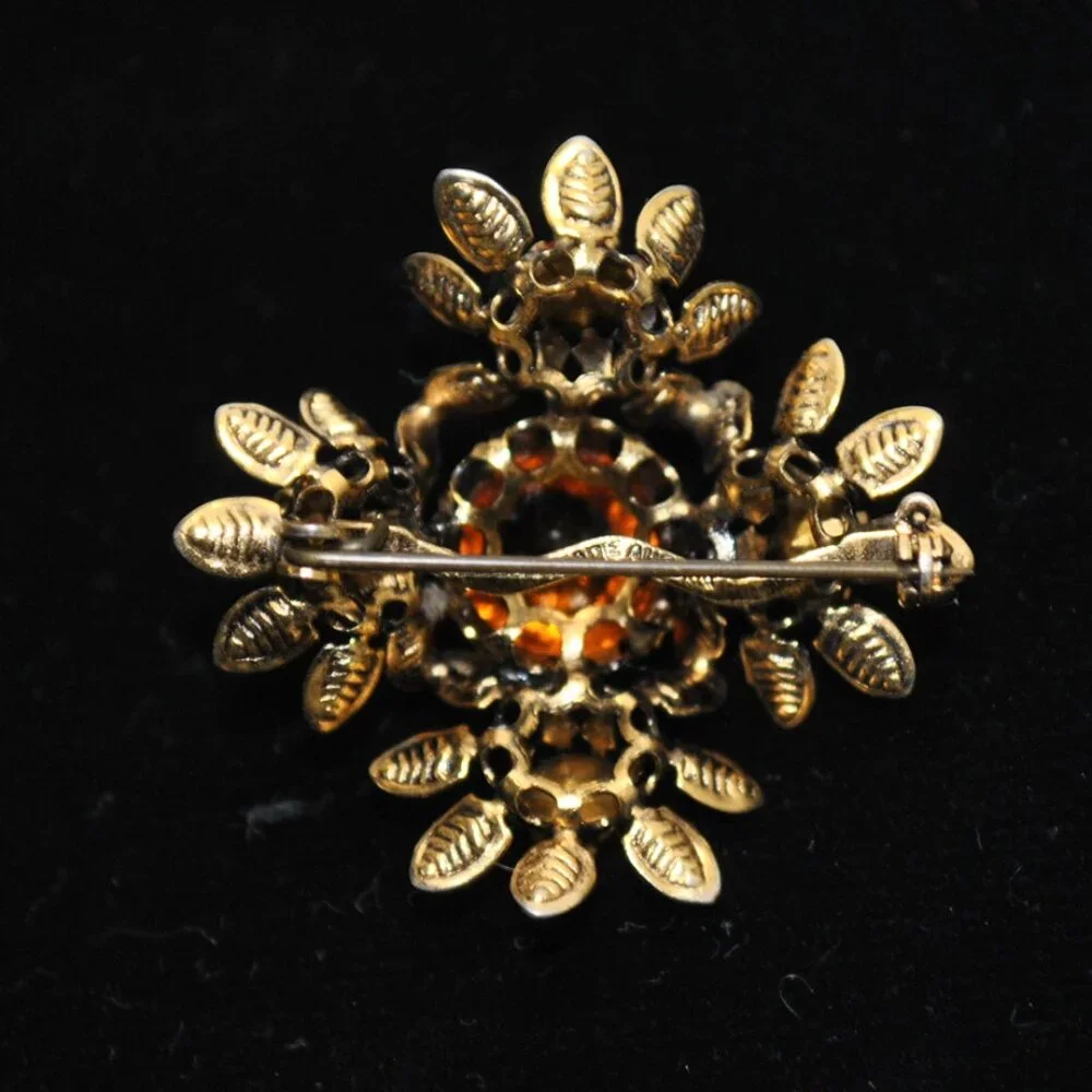 Vintage Floral Brooch with Orange & Green Glass Stones Made in Austria